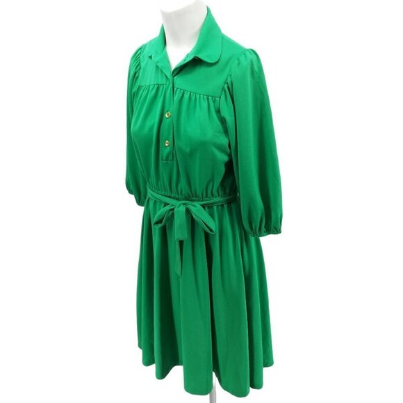 Vintage Handmade Stretch Sheath Shirt Dress Size S? Green Skater Knit 70s Tie - Picture 9 of 10